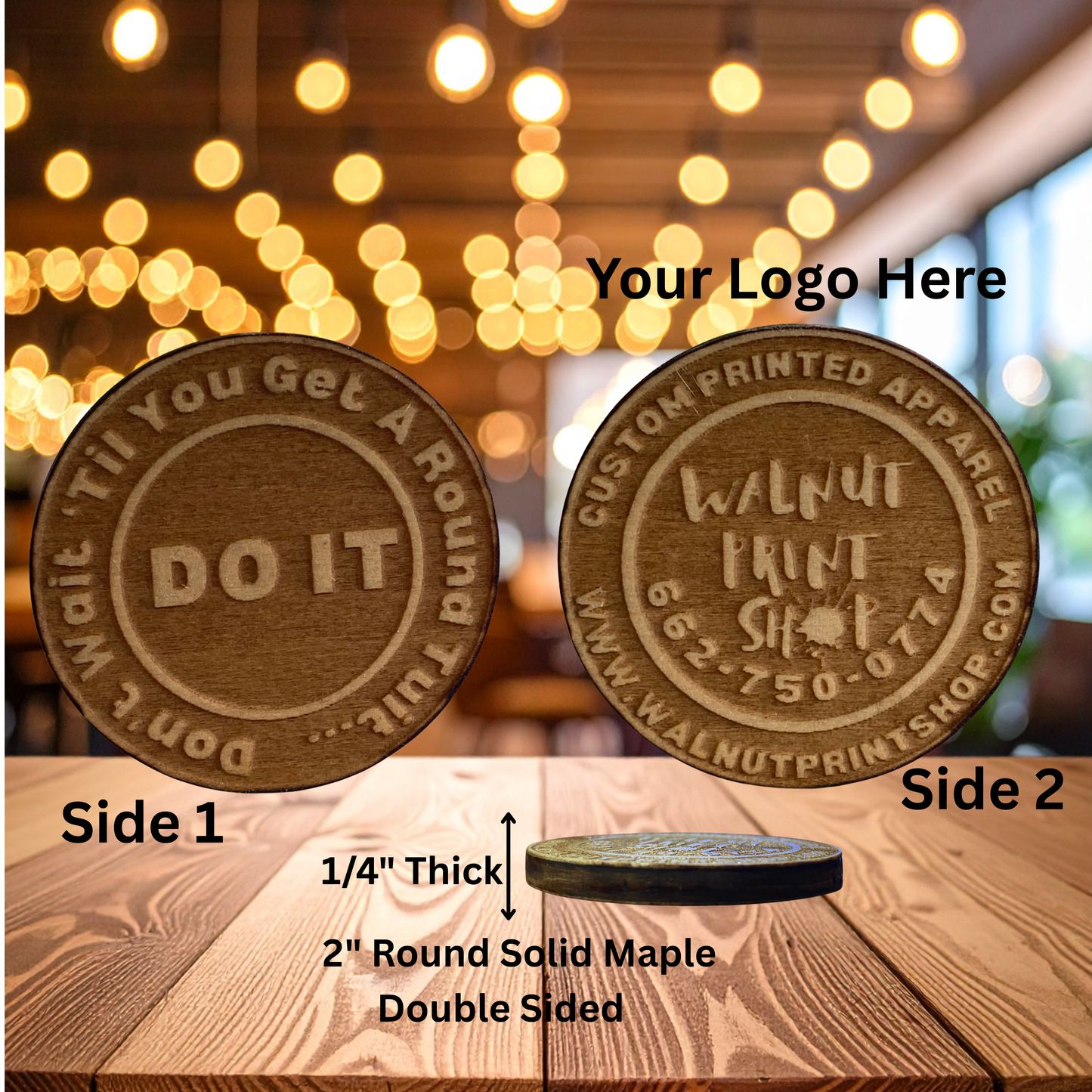 Round Tuit - Customizable. Solid Maple. Laser Engraved. Pack of 10